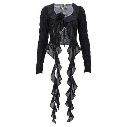Women Fashion Sexy Solid Color Mesh Edge V-Neck Blouse