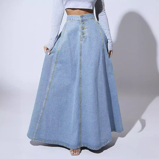 Falda vaquera de una sola botonadura para mujer, estilo urbano, larga, línea A, color liso