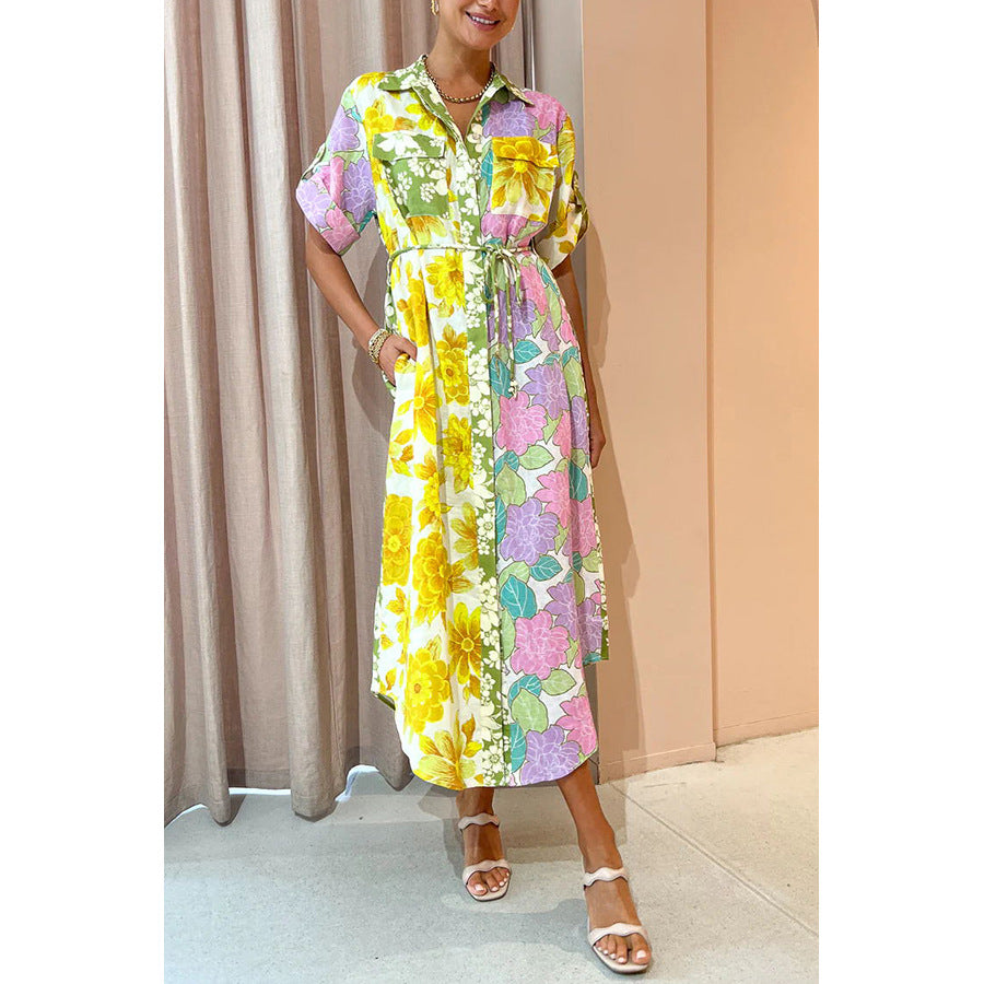 Robe longue à fleurs et poches à lacets pour femme