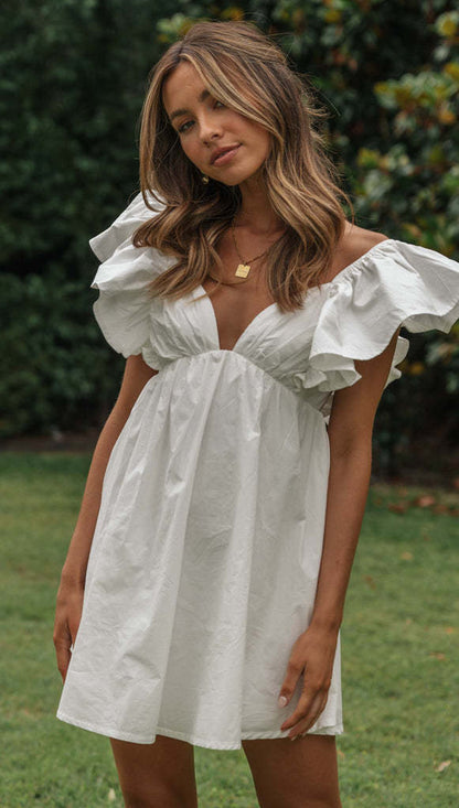 Robe d'été à col en V et manches à volants pour femme