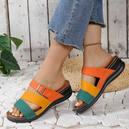 Women Fashion Casual Colorblock Wedge Slippers