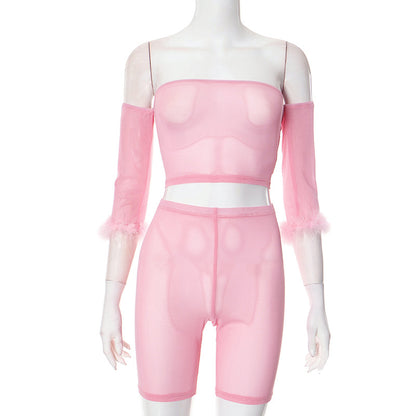 Conjunto de dos piezas de felpa con hombros descubiertos para mujer con pantalones cortos y pantalones