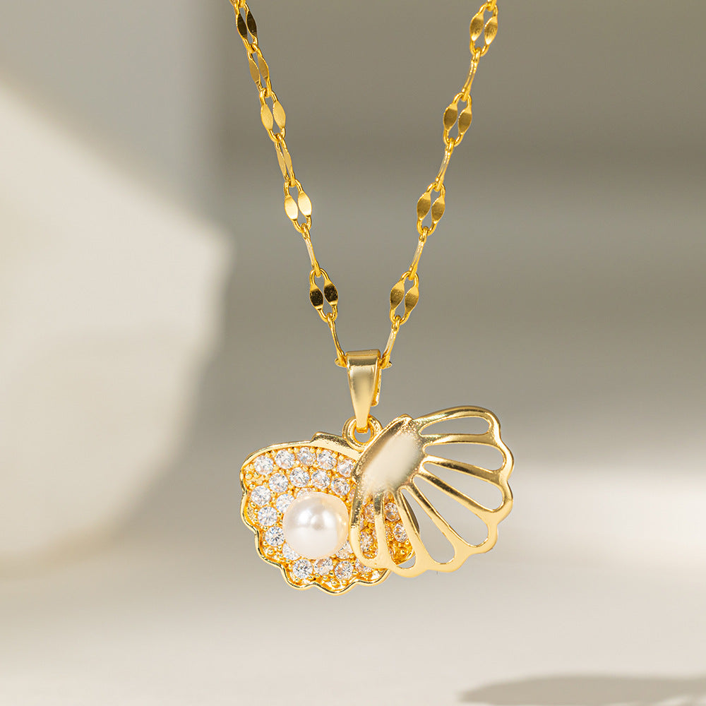 Collar de estrella de mar con perla y circonita para mujer con colgante de cobre
