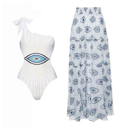 Women Fashion Evil Eye Print One-Piece Swimsuit Set