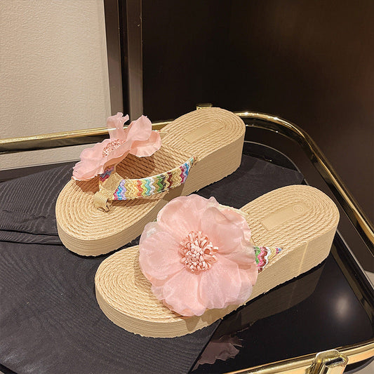 Women Summer Vacation Flower Wedged Flip Flops