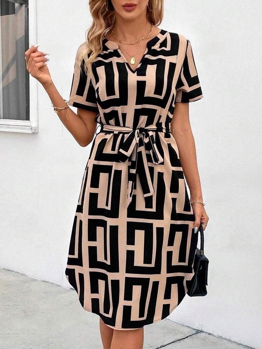 Women Fashion Casual Printed V-Neck Dress