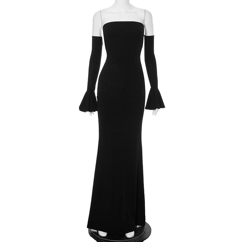 Women Elegant Solid Color Strapless Maxi Dress