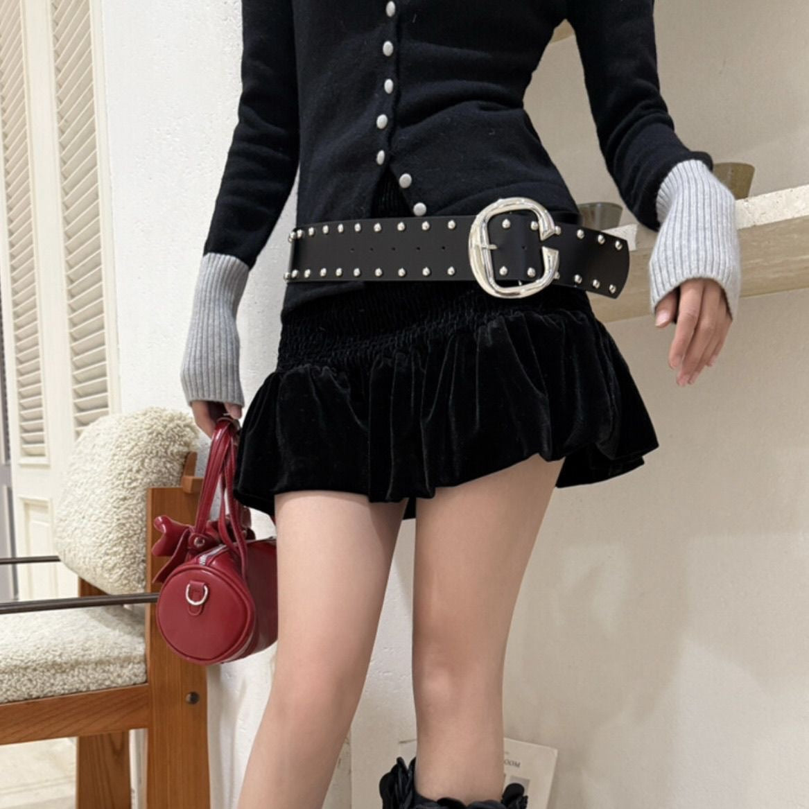 Ceinture à rivets en cuir PU pour femme, couleur unie, style décontracté