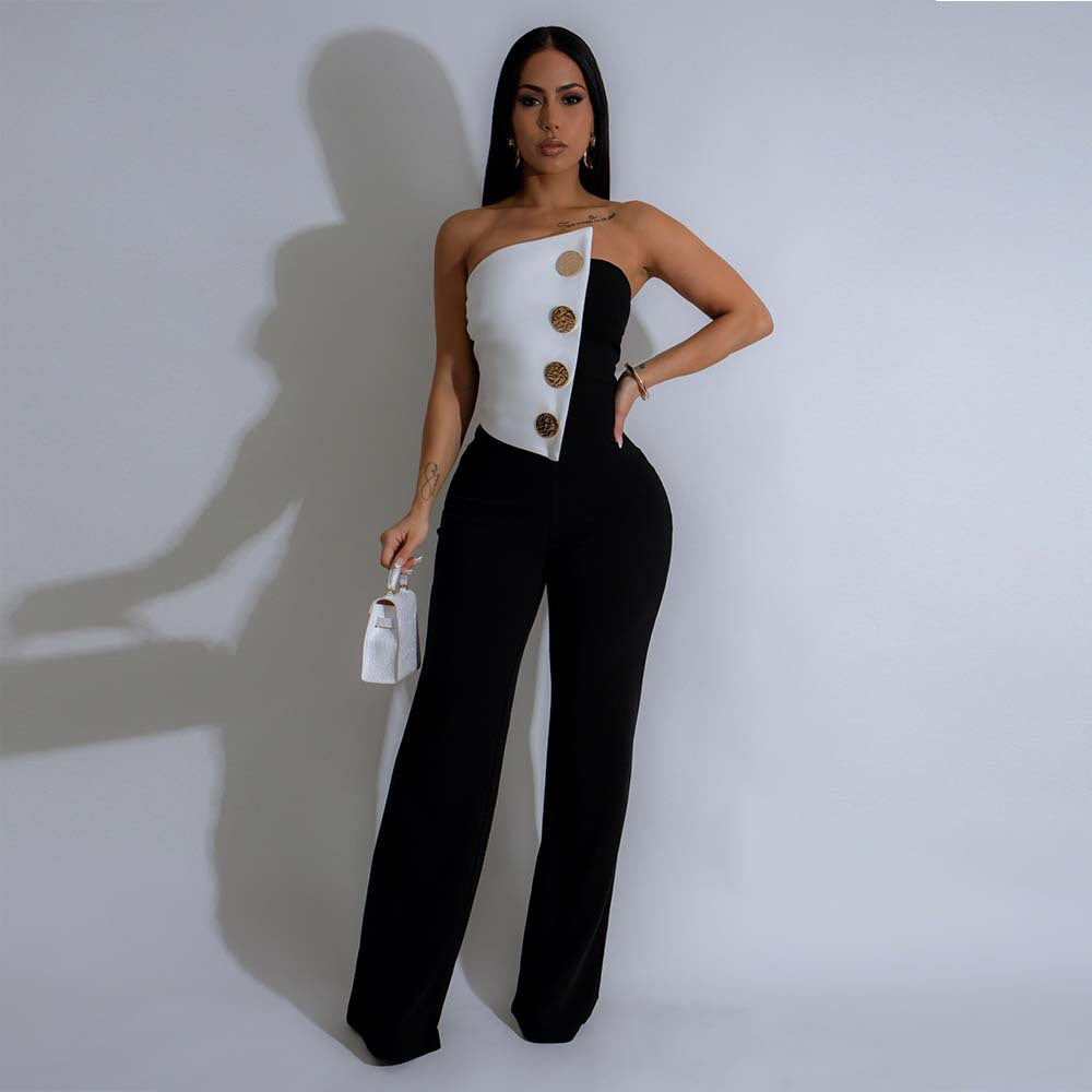 Women Fashion Sexy Contrast Color Sleeveless Metal Buckle Jumpsuit