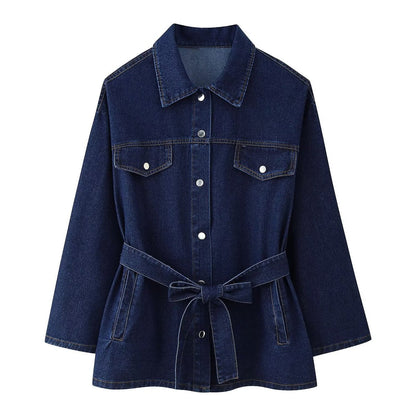 Conjunto de dos piezas de abrigo vaquero informal para mujer, manga larga, cintura alta y jeans