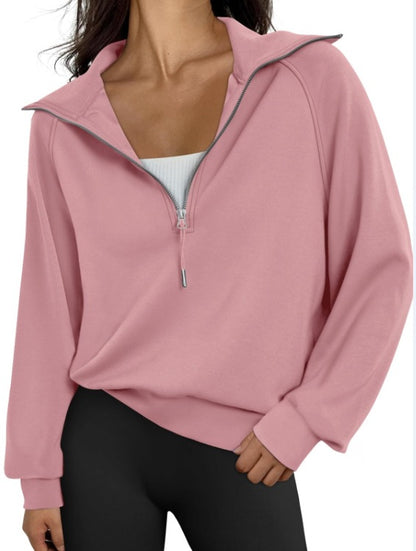 Women Half Zipper Fleece-Lined Solid Color Sweatshirt