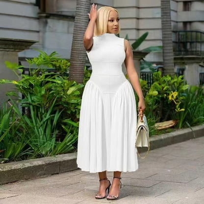 Women Fashion Elegant Solid Color Pleated Dress