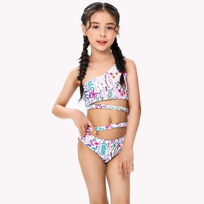 Conjunto de traje de baño de dos piezas con top y pantalones cortos con hombros descubiertos y estampado floral para niña