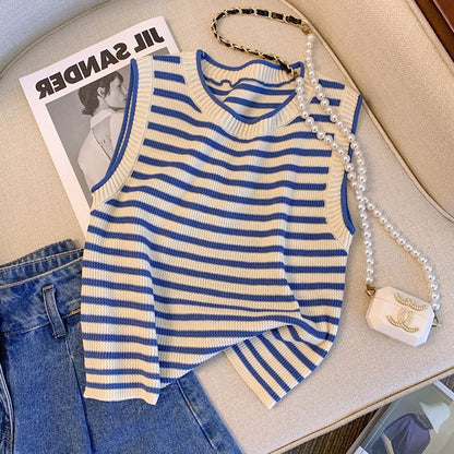 Camiseta de tirantes de verano para mujer de punto a rayas de seda de hielo - Tirantes extraíbles
