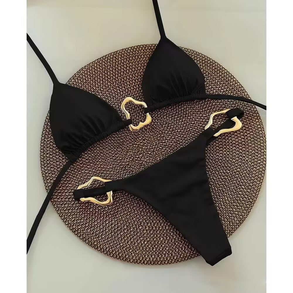 Bikini sexy de cuello halter de color sólido a la moda para mujer