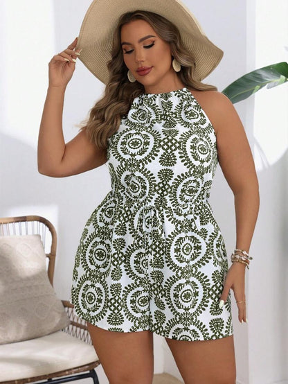 Women Fashion Vacation Plus Size Printed Sleeveless Jumpsuit