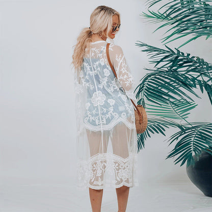 Vestido playero informal de malla con encaje y mangas largas para mujer
