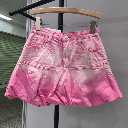 Falda vaquera con volantes en color rosa degradado para mujer