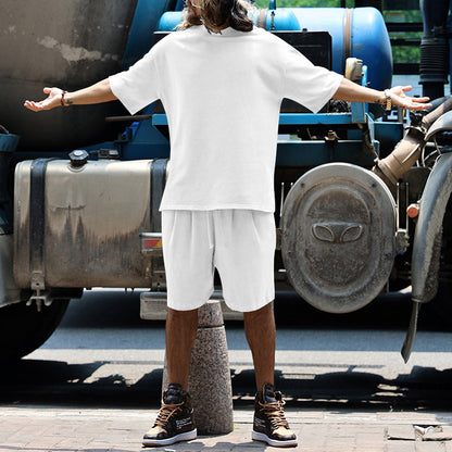 Men's Casual Solid Color Cotton Blend T-Shirt and Shorts Set