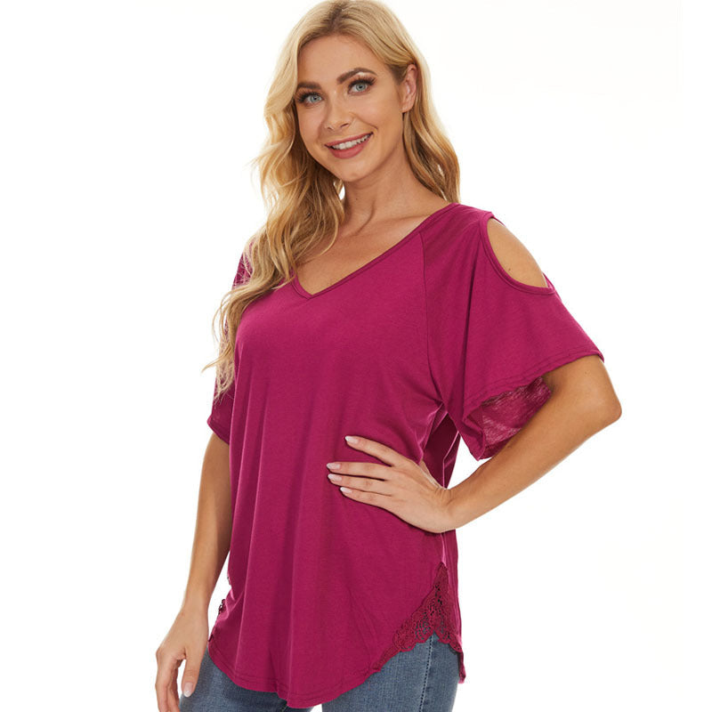 Camiseta informal holgada de manga corta con cuello en V para mujer