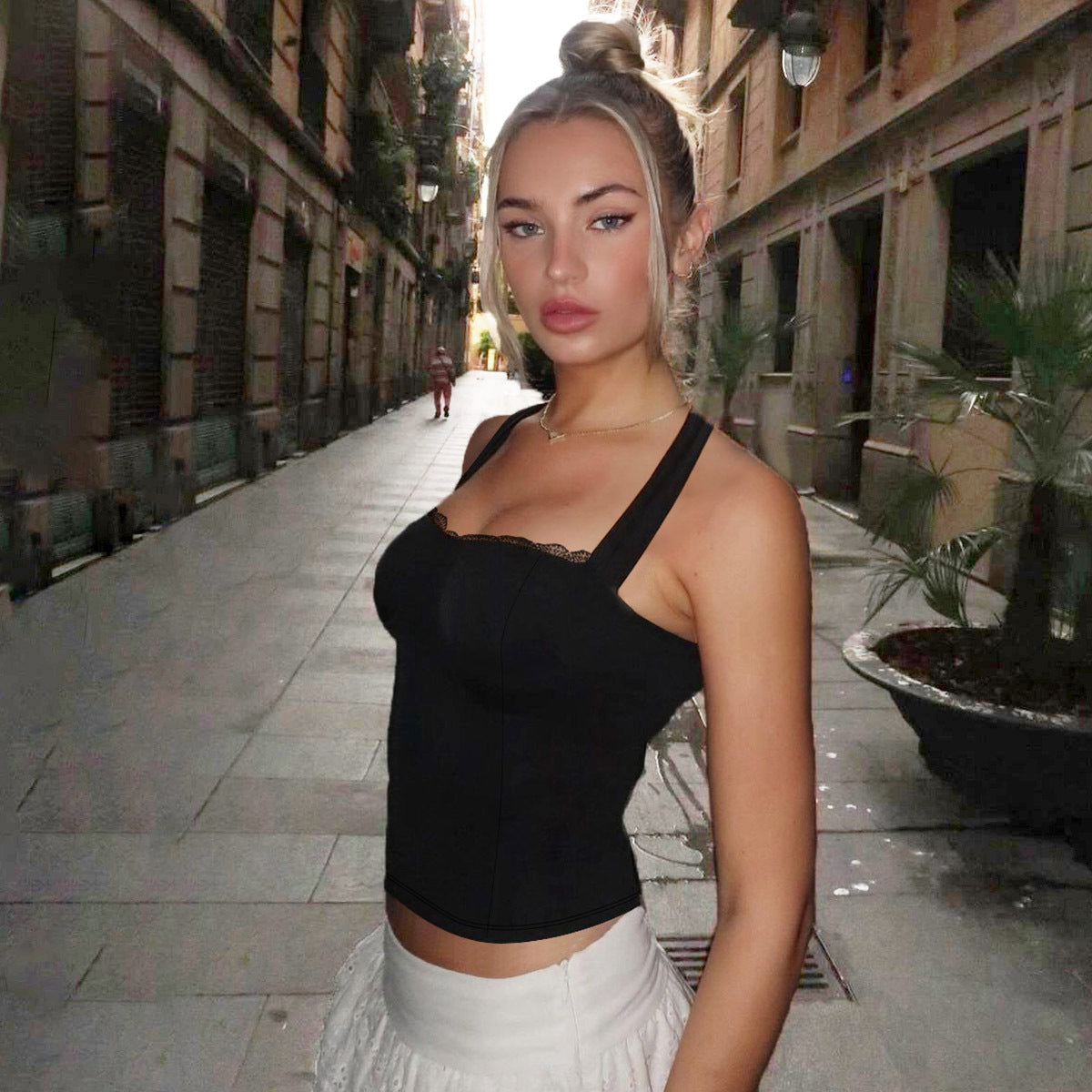 Women Fashion Sexy Halter-Neck Backless Lace-Up Crop Top