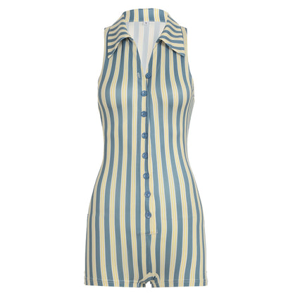 Women Fashion Sexy Stripe Lapel Sleeveless Slim Fit Jumpsuit