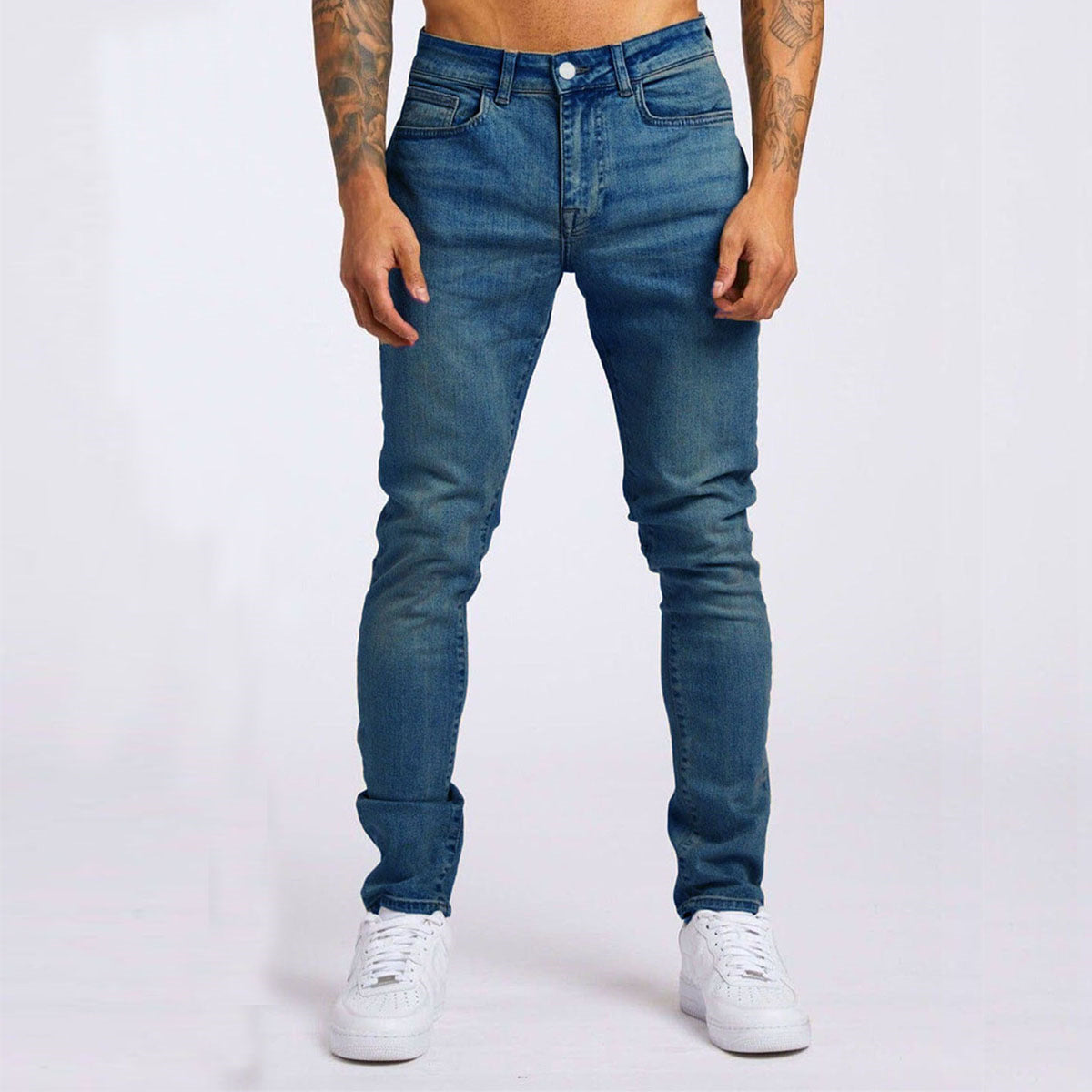 Men's Slim Fit Micro-Elastic Denim Jeans with Solid Color Design