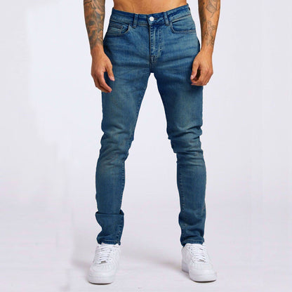 Men's Slim Fit Micro-Elastic Denim Jeans with Solid Color Design
