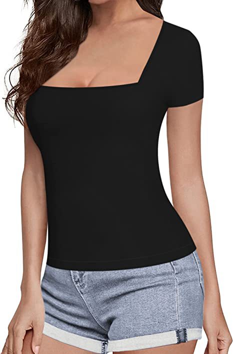 T-shirt sexy à décolleté carré et col rond pour femme