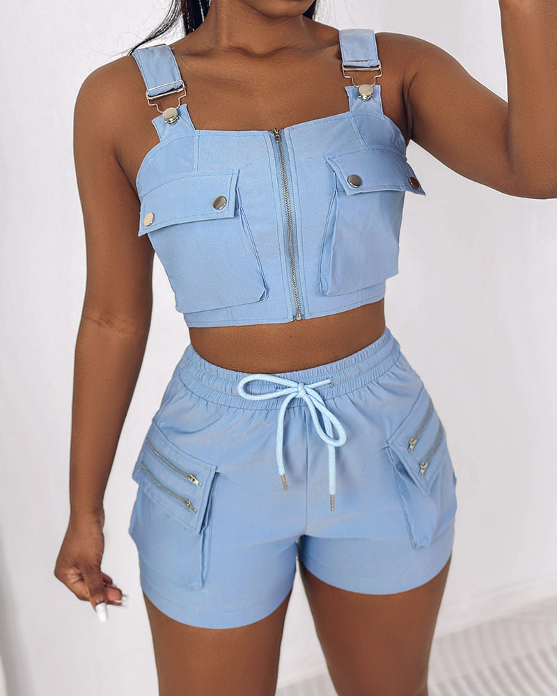 Women Fashion Sexy Solid Color Pockets Zipper Camisole Drawstring Shorts Two-Piece Set