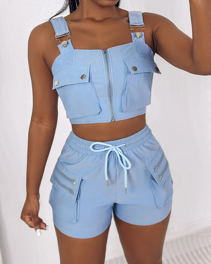 Women Fashion Sexy Solid Color Pockets Zipper Camisole Drawstring Shorts Two-Piece Set