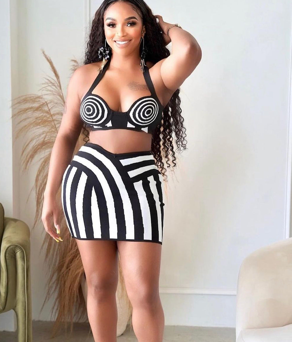 Women Fashion Sexy Zebra Stripe Halter-Neck Two-Piece Set