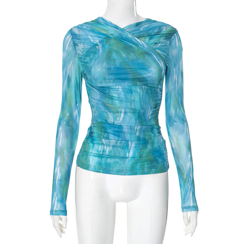 Top de malla con efecto tie-dye plisado y cuello cruzado para mujer