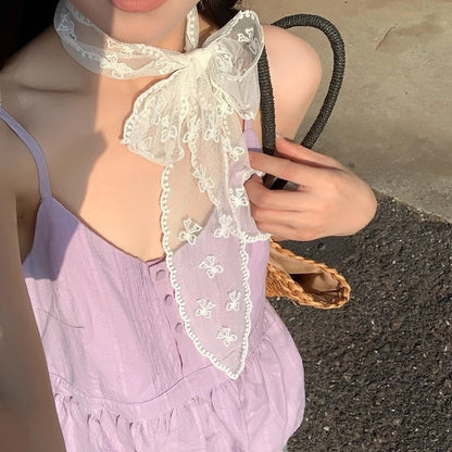 Pañuelo para el pelo largo de seda con lazo de encaje blanco a la moda para mujer