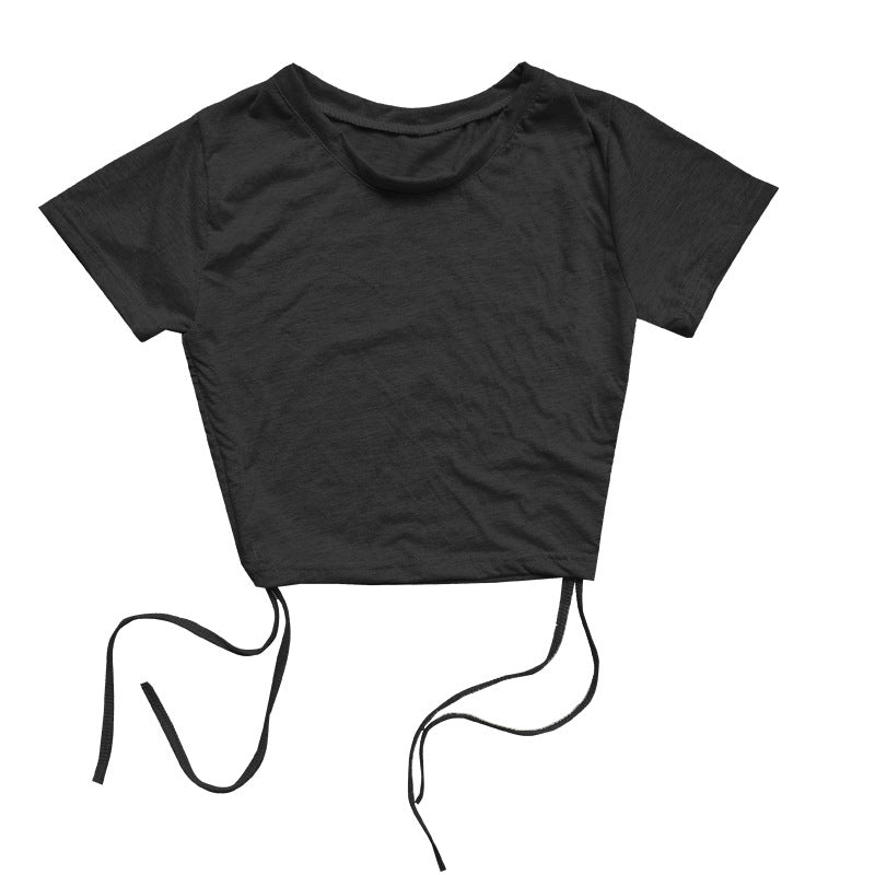 Top corto de manga corta con cordón ajustable, sexy, de color liso, a la moda para mujer