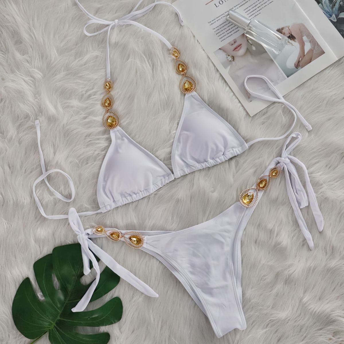Women Sexy Rhinestone Lace Bikini Set