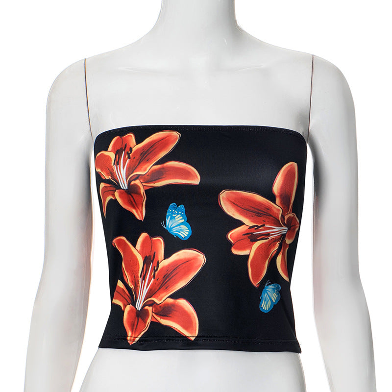 Women Summer Fashion Floral Print Strapless Crop Top