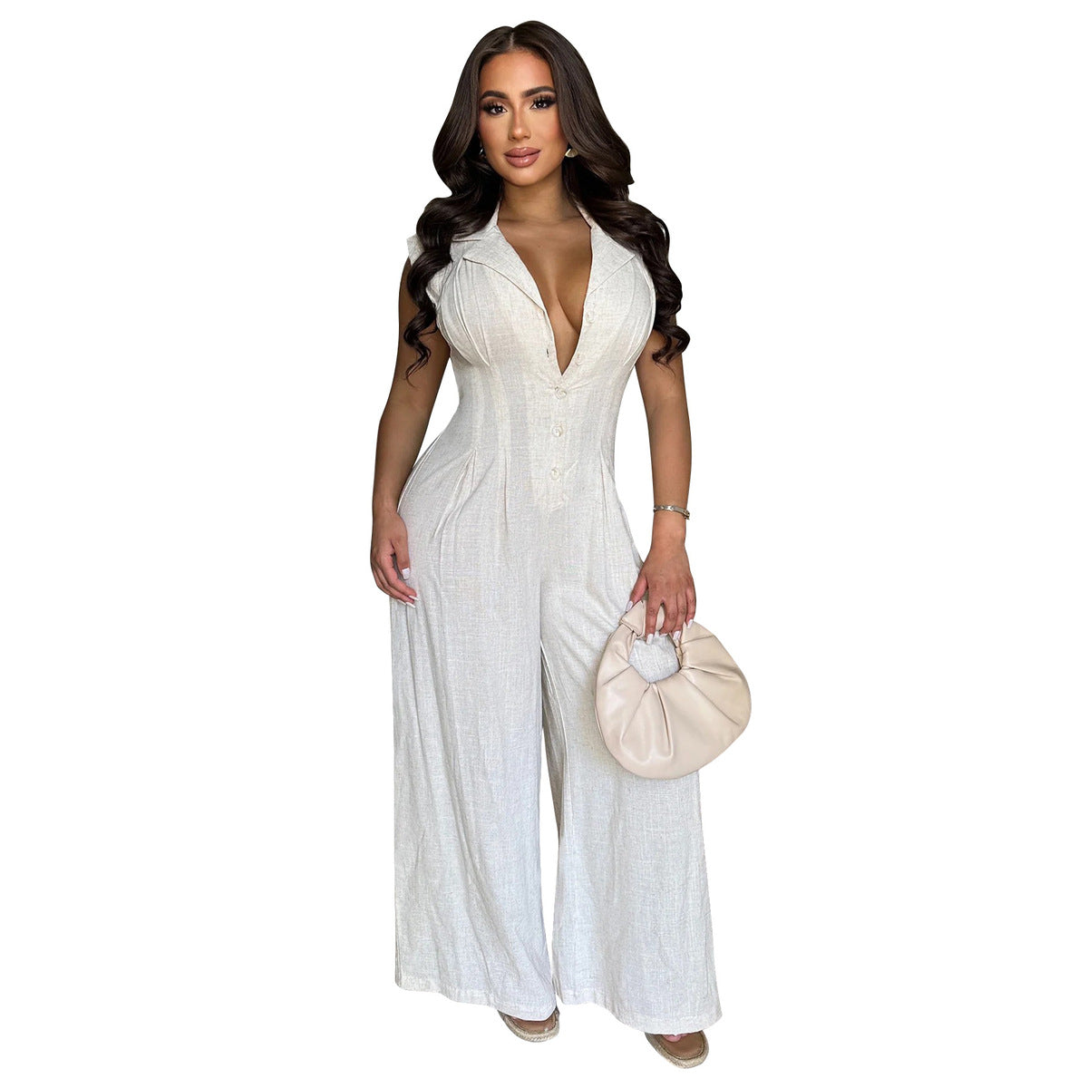 Women Elegant Solid Color Sleeveless Wide Leg Jumpsuit Made of Polyester