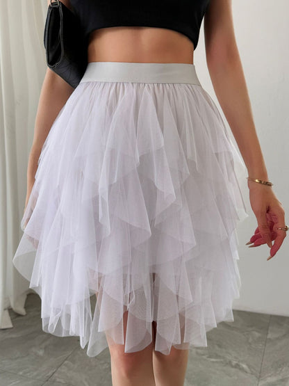 Women Fashion Solid Color Mesh Irregular Hem Skirt