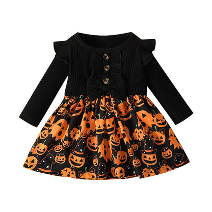 Vestido de calabaza de algodón de manga larga para niñas pequeñas