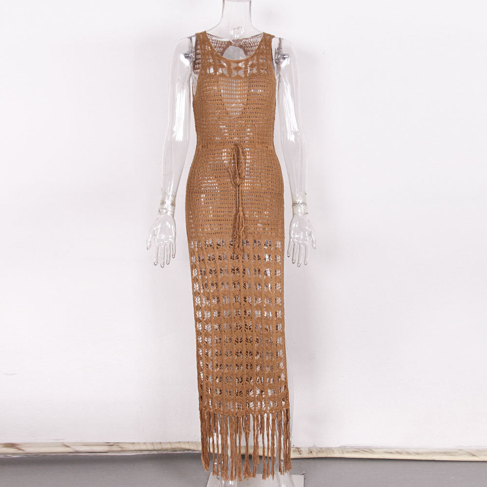 Vestido playero ahuecado con borlas de color liso a la moda para mujer