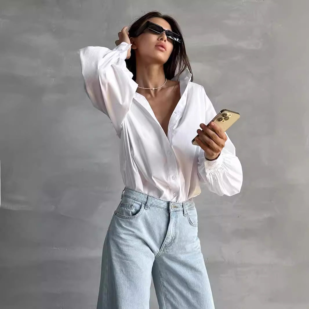Women Casual Cotton Lantern Sleeve Blouse