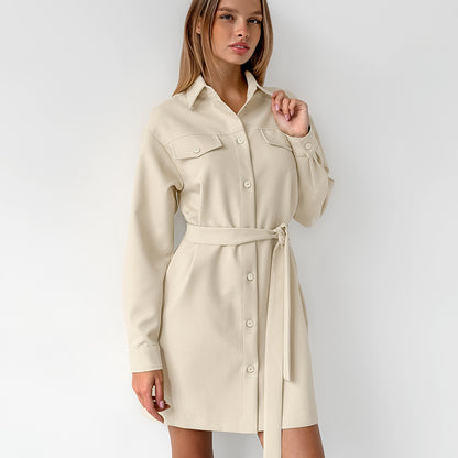 Women Solid Color Lapel Long Sleeve Dress Blended Fabric
