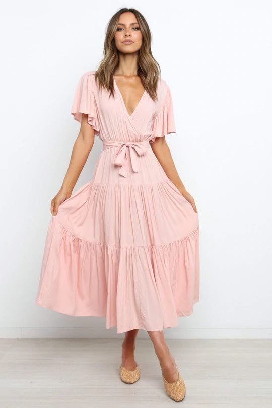 Summer Women Fashion Bohemian Style V-Neck Short Sleeve Maxi Dress