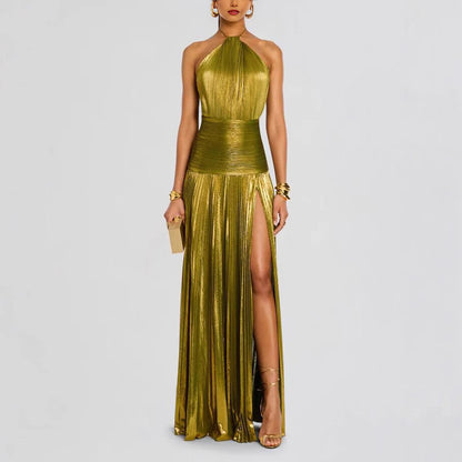 Women Elegant Solid Color Pleated Backless Dress