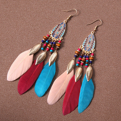 Pendientes de plumas con borlas retro de estilo étnico bohemio