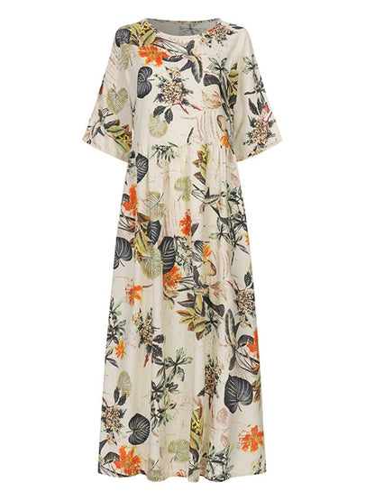 Vestido elegante bohemio de verano con mangas cortas y cuello redondo floral para mujer