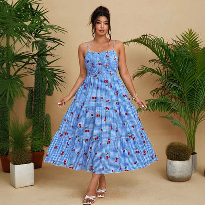 Women Sexy Cherry Plaid Spaghetti Strap Dress - Stylish Summer Flare
