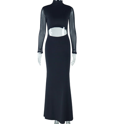 Vestido largo con costuras de malla de color liso a la moda para mujer