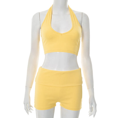 Conjunto de top y pantalones cortos con cuello halter y canalé de color liso para mujer, primavera y verano